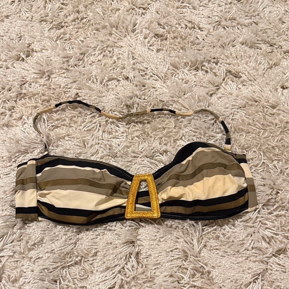 Despi Black Tan Striped Bikini Top Gold Halter M